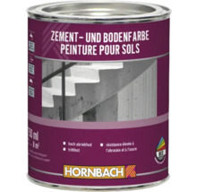 Peinture Hornbach pour sols et ciment, 750 millilitres, haute résistance à l'abrasion, rendement circa 8 mètres carrés. Hornbach Logo.