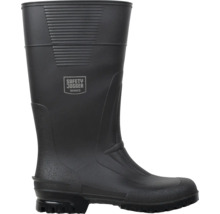 Schwarzer Sicherheitsgummistiefel von Safety Jogger Works mit profilierter Sohle und verstärktem Zehenbereich.