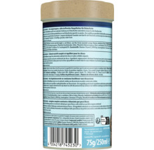Dos de la boîte Tetra Discus Granules avec conseils de nourrissage, ingrédients, code-barres, poids de 75 grammes et symbole de recyclage.