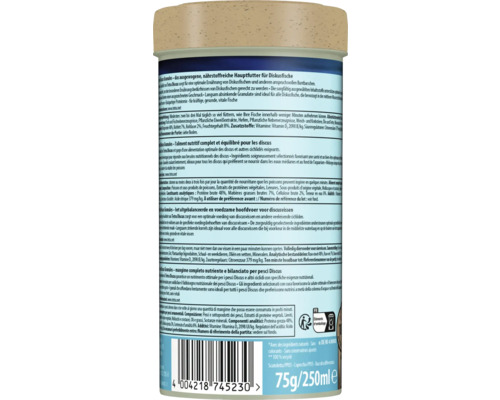Dos de la boîte Tetra Discus Granules avec conseils de nourrissage, ingrédients, code-barres, poids de 75 grammes et symbole de recyclage.
