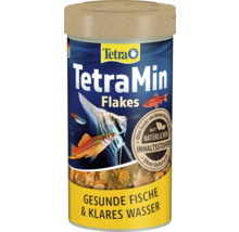 Boîte de nourriture TetraMin Flakes, aliment de base en flocons pour poissons d'ornement avec ingrédients naturels.
