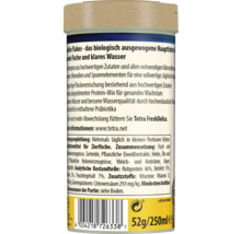 Dos d une boîte de nourriture pour poissons en flocons Tetra TetraMin avec informations sur le produit, ingrédients et code-barres.