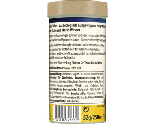 Dos d une boîte de nourriture pour poissons en flocons Tetra TetraMin avec informations sur le produit, ingrédients et code-barres.