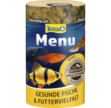 Nourriture pour poissons Tetra Menu avec quatre variétés pour poissons d'ornement. Tetra Logo. Ingrédients naturels, sans conservateurs ni colorants.