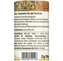 Dos d une boîte de nourriture pour poissons d ornement avec ingrédients, conseils de nourrissage, code-barres et poids de 25 grammes et 100 millilitres.