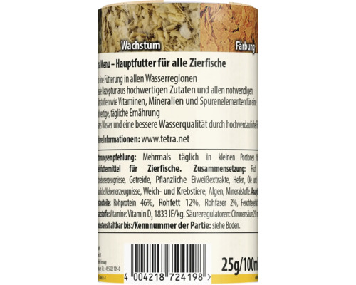 Dos d une boîte de nourriture pour poissons d ornement avec ingrédients, conseils de nourrissage, code-barres et poids de 25 grammes et 100 millilitres.