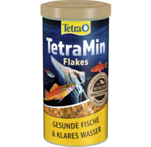Nourriture pour poissons d'ornement TetraMin Flakes en boîte pour une eau saine et des poissons sains, aux ingrédients naturels.