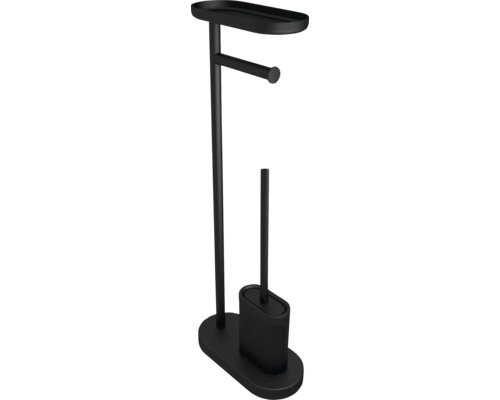 Freistehende WC-Garnitur in Schwarz matt mit integriertem Toilettenpapierhalter, Ablagefläche und Toilettenbürste.