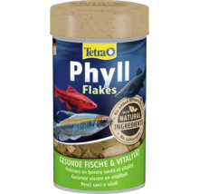 Nourriture Tetra Phyll en flocons pour poissons d'ornement, avec ingrédients naturels, sans colorants ni conservateurs ajoutés.