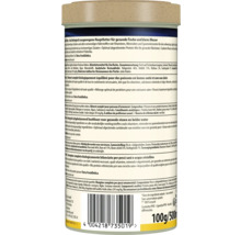 Rückansicht einer Dose Fischfutter für Zierfische mit Inhaltsstoffen, Fütterungshinweisen, Barcode und Recycling-Informationen.