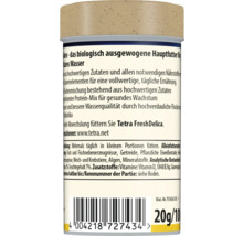Dos d'une boîte de nourriture Tetra pour poissons avec des informations sur les ingrédients, les conseils d'alimentation et le code-barres.