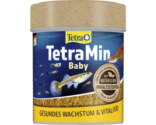 TetraMin Baby Fischfutter für Jungfische mit natürlichen Inhaltsstoffen ohne Konservierungsmittel und Farbstoffe. Tetra Logo.