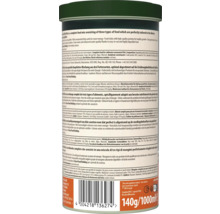 Rückseite einer Dose Goldfish Mix Fischfutter mit Inhaltsstoffen, Fütterungsempfehlungen, Barcode sowie Angabe von 140 Gramm und 1000 Milliliter.