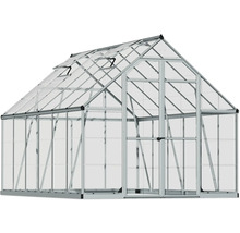 Gewächshaus mit Aluminiumrahmen, transparenten Scheiben, Doppeltür und zwei geöffneten Dachfenstern.