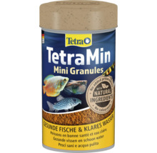 Logo Tetra, nourriture TetraMin Mini Granules, ingrédients naturels, sans conservateurs ni colorants, pour poissons sains et eau claire.