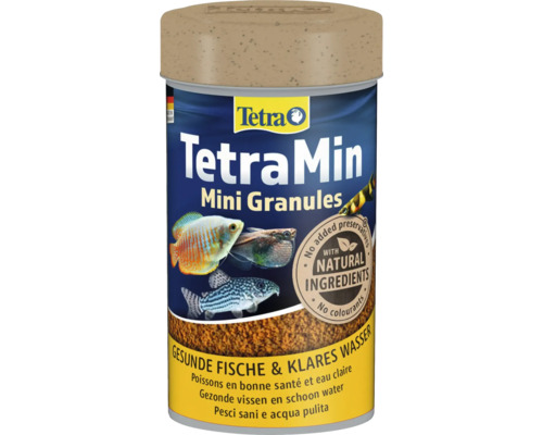 Tetra Logo, TetraMin Mini Granules Fischfutter, natürliche Inhaltsstoffe, ohne Konservierungs- und Farbstoffe, für gesunde Fische und klares Wasser.