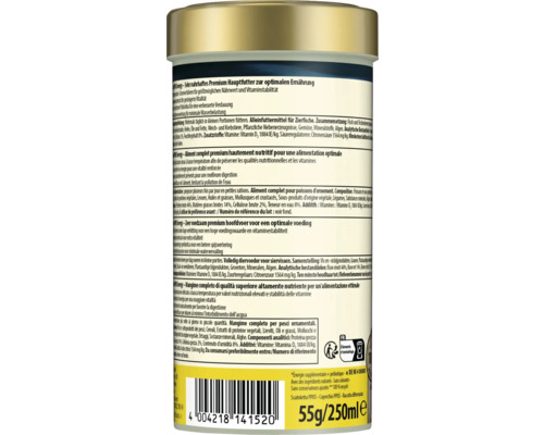 Vue arrière boîte aliment PRO Energy pour poissons avec ingrédients, conseils, consignes de tri et code-barres, 55 grammes.
