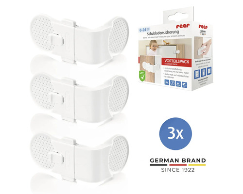 Bloque-tiroir et placard reer en plastique blanc, lot de 3 pour la sécurité des enfants sur les meubles.