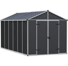 Abri de jardin en plastique anthracite avec toit à deux versants, double porte et cadre en aluminium pour le rangement d'outils.