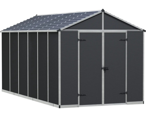 Abri de jardin en plastique anthracite avec toit à deux versants, double porte et cadre en aluminium pour le rangement d'outils.