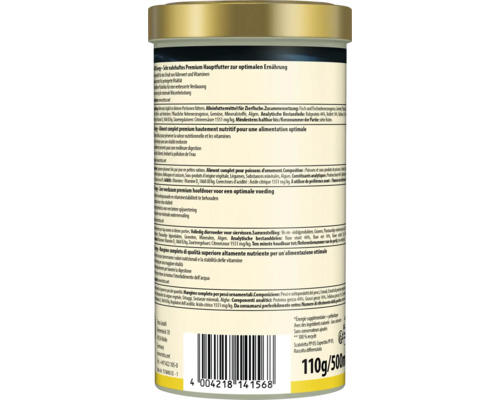 Aliment complet premium Tetra Energy pour poissons d'ornement, dos de la boîte avec ingrédients et code-barres