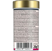 Vue arrière d'une boîte d'aliment complet premium pour poissons d'ornement avec liste des ingrédients et conseils, 20 grammes.