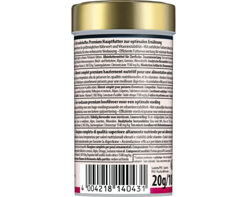 Vue arrière d'une boîte d'aliment complet premium pour poissons d'ornement avec liste des ingrédients et conseils, 20 grammes.