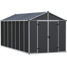 Grand abri de jardin en métal avec toit à deux pans et double porte.