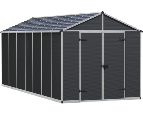 Grand abri de jardin en métal avec toit à deux pans et double porte.