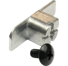 Raccord de meuble métallique avec une vis cruciforme noire.