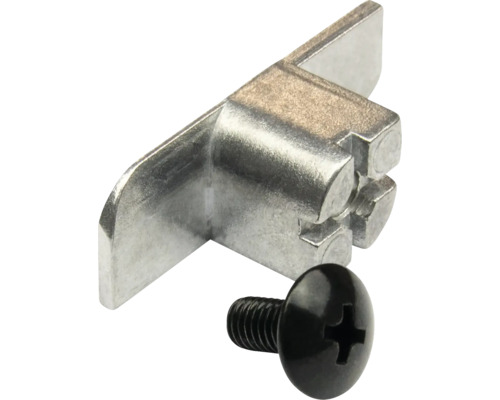 Raccord de meuble métallique avec une vis cruciforme noire.