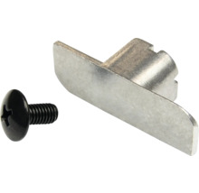 Connecteur de meuble en métal avec vis à tête cruciforme noire.