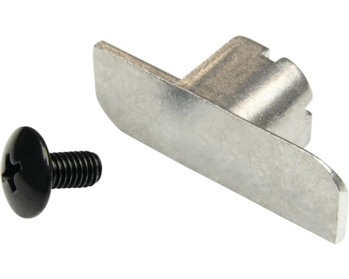 Connecteur de meuble en métal avec vis à tête cruciforme noire.