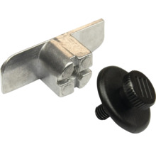 Möbelverbinder aus Metall und eine schwarze Verstellschraube aus Kunststoff mit Gewinde.