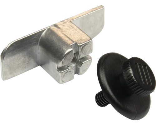 Möbelverbinder aus Metall und eine schwarze Verstellschraube aus Kunststoff mit Gewinde.
