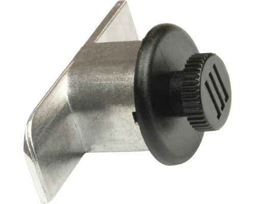 Fenstersicherung aus Metall mit schwarzem Kunststoff-Drehknopf.