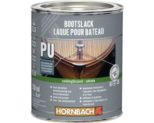 Laque pour bateau Hornbach, 750 millilitres, polyuréthane, satinée, intérieur et extérieur, résistante aux chocs et à l'eau de mer. Hornbach Logo.