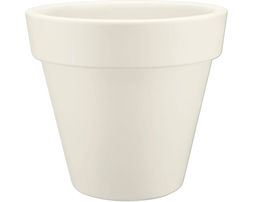 Pot de fleurs conique lisse avec un rebord large de couleur blanc crème.