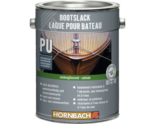 Laque pour bateau Hornbach renforcée au polyuréthane satinée, résistante à l'abrasion, aux intempéries et aux chocs. Hornbach Logo