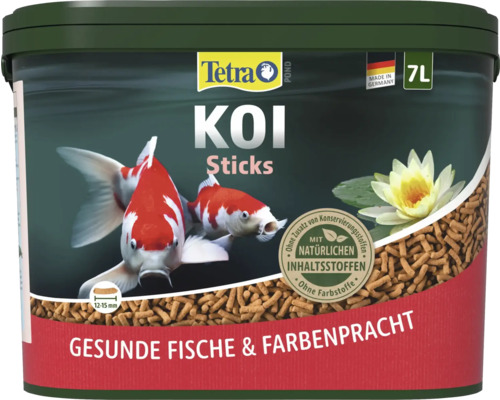 Tetra Logo, Tetra Pond Koi Sticks Fischfutter am 7 Liter Eemer, Sticks mat 12 bis 15 Millimeter Gréisst, fir gesond Fësch a Faarvepracht.