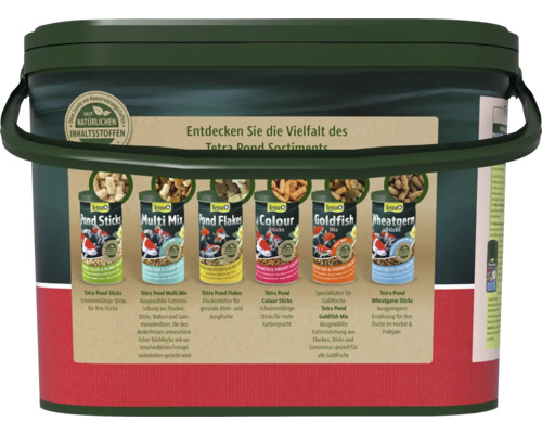 Assortiment de nourriture pour poissons de bassin Tetra Pond en seau avec Pond Sticks, Multi Mix, Pond Flakes, Colour Sticks, Goldfish Mix et Wheatgerm Sticks. Avec ingrédients naturels.