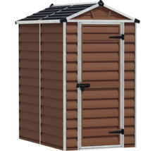 Abri de jardin en plastique aspect bois brun avec toit à deux pans et porte simple avec verrou.