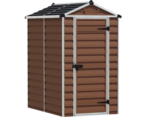 Abri de jardin en plastique aspect bois brun avec toit à deux pans et porte simple avec verrou.