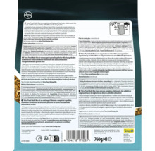 Rückseite der Tetra Pond Multi Mix Fischfutterverpackung mit Fütterungshinweisen, Inhaltsstoffen, Gewichtsangabe 760 Gramm und 4 Liter, Tetra Logo und UV-Schutz Symbol.
