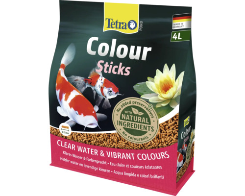 Nourriture pour poissons de bassin Tetra Pond Colour Sticks, 4 litres, avec des ingrédients naturels pour une eau claire et des couleurs éclatantes.