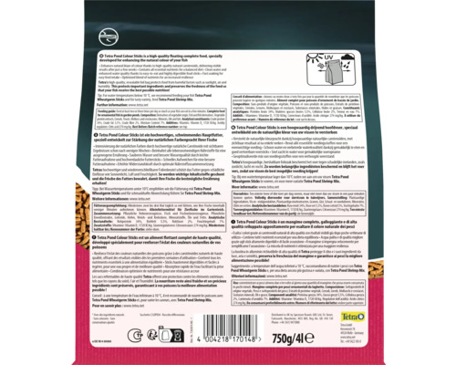 Dos du sachet de nourriture pour poissons Tetra Pond Colour Sticks avec ingrédients, conseils de nourrissage, symboles de recyclage et Tetra Logo.