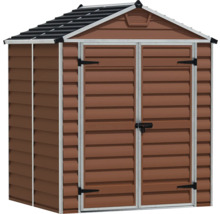 Abri de jardin en plastique avec toit à deux pans et double porte en marron.