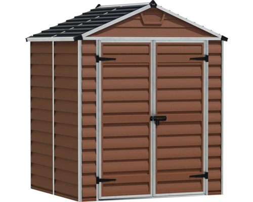 Abri de jardin en plastique avec toit à deux pans et double porte en marron.