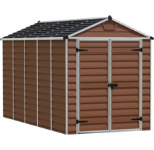 Abri de jardin aspect bois avec toit à deux pans et double porte.