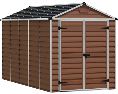 Abri de jardin aspect bois avec toit à deux pans et double porte.